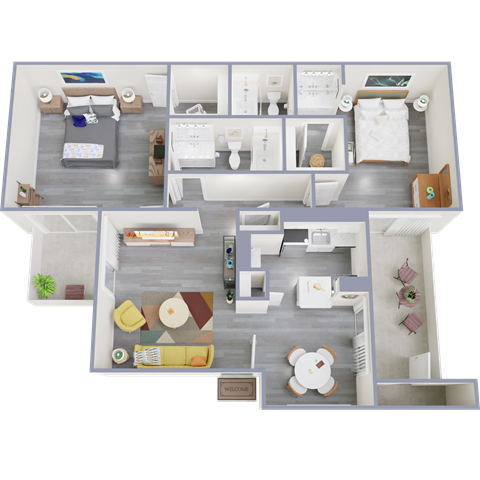 Floor plan for 2 beds, 2 baths, 1143 sqft